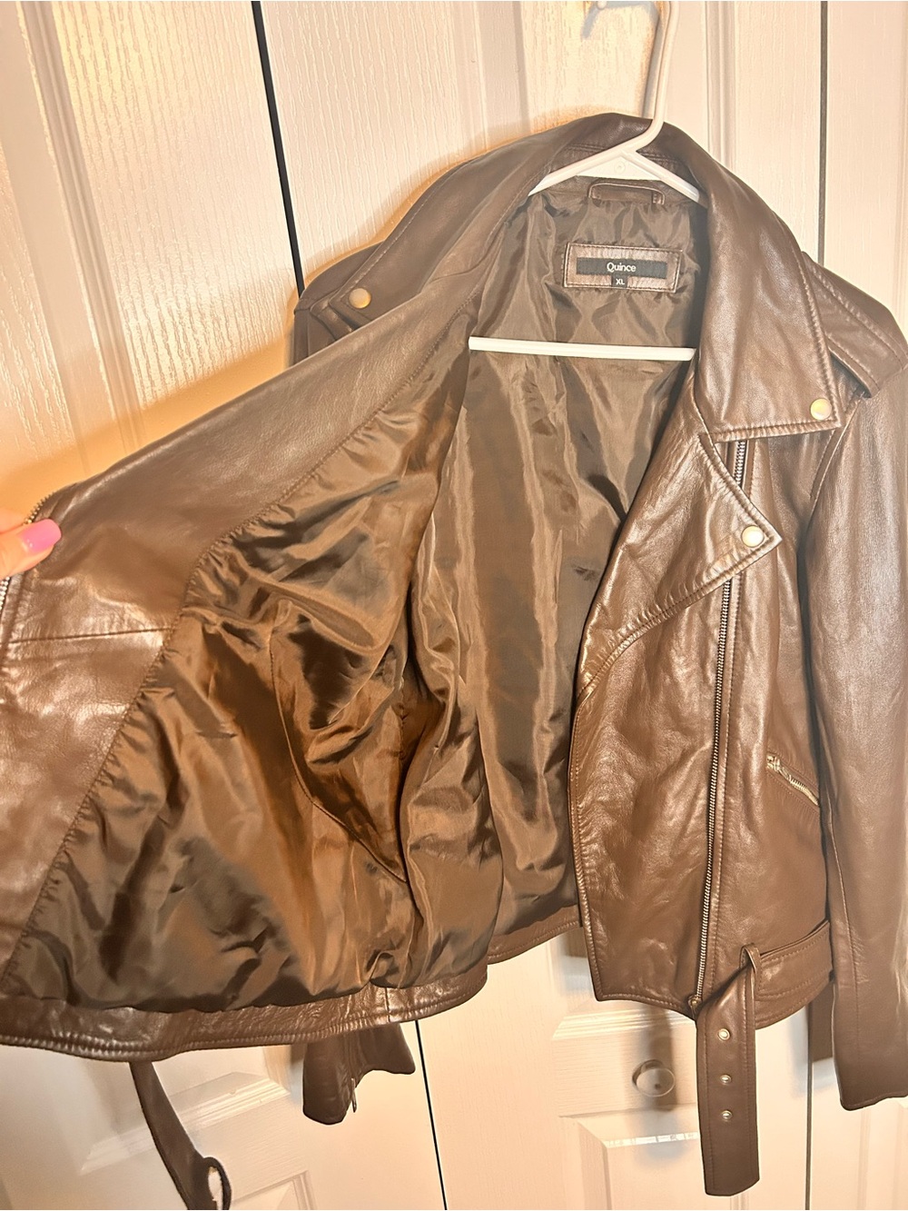 Quince Women’s Size XL Brown 100% Sheep Leather Oversized Biker Jacket Moto - Picture 6 of 9